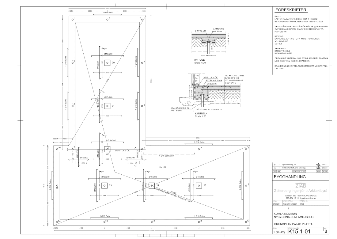 Konstruktionsritning pålad betongplatta
